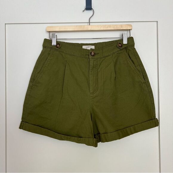 Loft Shorts Womens Size 8P Military Green High Waist Pockets Button Cotton - Picture 1 of 13